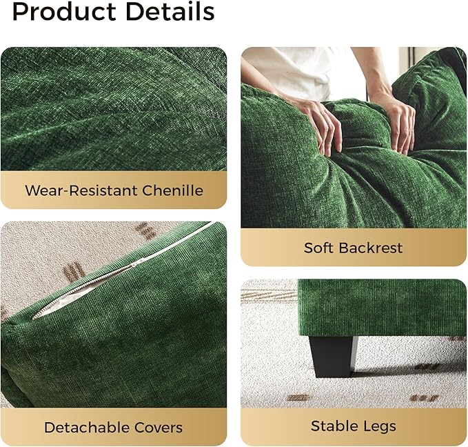KKL 91.3" Large Modular Sectional Sofa Bed, 6 Seater Convertible U/J/L-Shaped Sleeper Cloud Couch with Ottoman, Chenille Sectional Couches for Living Room, Apartment, Green