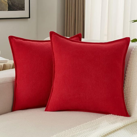 FUTEI Christmas Red Chenille Throw Pillow Covers 24x24 Inch Set of 2,Edges Double-Stitched European Cushion Cases,Modern Home Decor for Couch Living Room