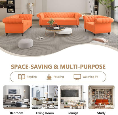 Chesterfield Loveseat Sofa, Modern Velvet Small Sofa Couch 2 Seater with Rolled Arms and Nailhead, Mid Century Modern Loveseat Couch for Small Spaces Living Room Bedroom Apartment, Orange