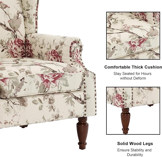Accent Chair, Upholstered High Back Floral Armchair with Nailhead Trim & Wood Legs, Comfy Wingback Reading Single Sofa Chair for Small Spaces, Living Room, Bedroom-Pink Floral, Set of 1