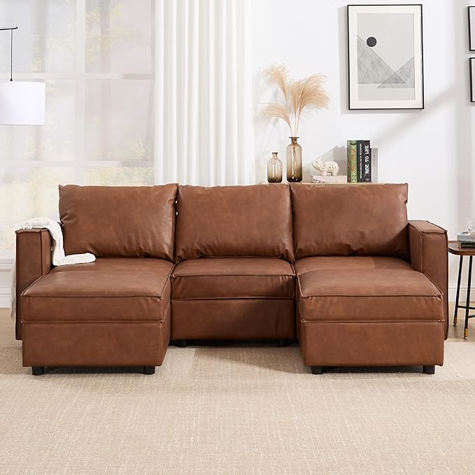 U Shaped Brown Leather, 90 Inches Cloud Modular Sectional Sofa, Modern Convertible Comfortable Sofa for Living Room/Apartment