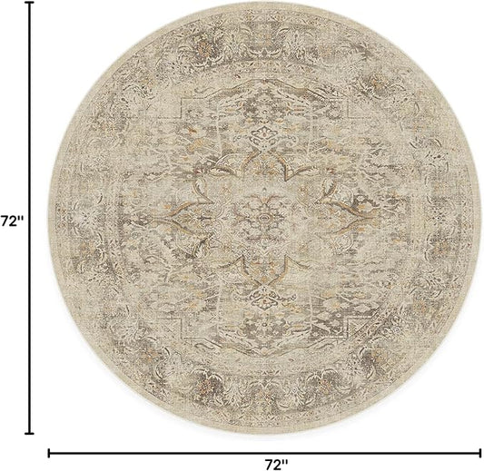 RUGGABLE Washable Vintage Area Rug – Sarrah Hazel 6 ft Round, Stain-Resistant, Non-Slip – Medium Machine Washable Rugs for Living Room, Bedroom, Hallway, Entryway & Office–with Cushioned Pad