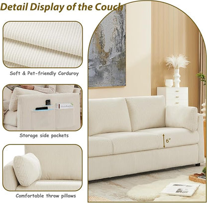 Living Room Sofa Set, Corduroy 3-Seat Couch with Set of 2 Accent Side Chairs, Soft Pillows and Side Pockets, Modern Living Room Furniture Sets for Apartment, Small Spaces, Beige