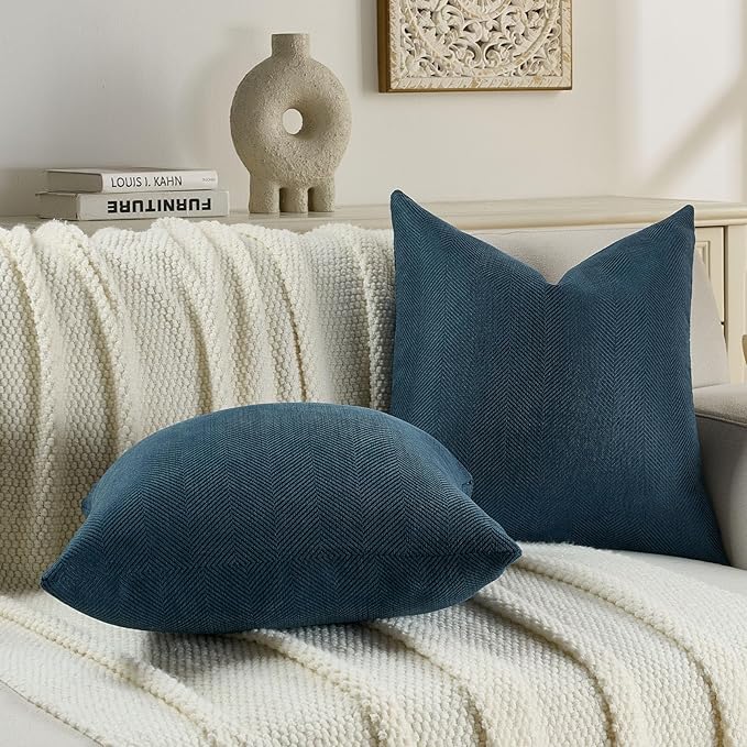 FUTEI Navy Blue Chenille Throw Pillow Covers 18x18 Inch Set of 2,Soft Wide Chevron Textured Cushion Case,Farmhouse Home Decor for Couch Bed Living Room