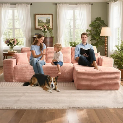106" Cloud Sectional Couch with L-Shape Chaise, No Assembly Modular Sofa, Deep Seat Plush Corduroy Boneless Couched for Living Room (Pink Plush Corduroy, Right Facing Chaise)