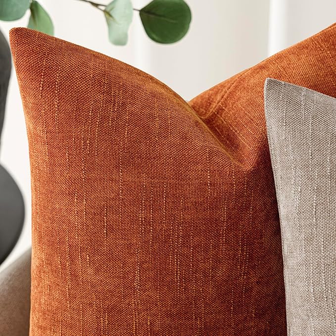 Foindtower Pack of 2 Soft Textured Chenille Throw Decorative Pillow Covers Square Accent Solid Cushion Cover Cozy Neutral Farmhouse Pillow Case for Couch Sofa Bedroom Living Room 24x24 Inch,Orange