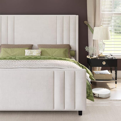 AMERLIFE King Size Bed Frame, Velvet Upholstered Platform Bed with Vertical Channel Tufted Headboard & Footboard/Wingback, Mattress Foundation with Wood Slats, No Box Spring Needed, Cream