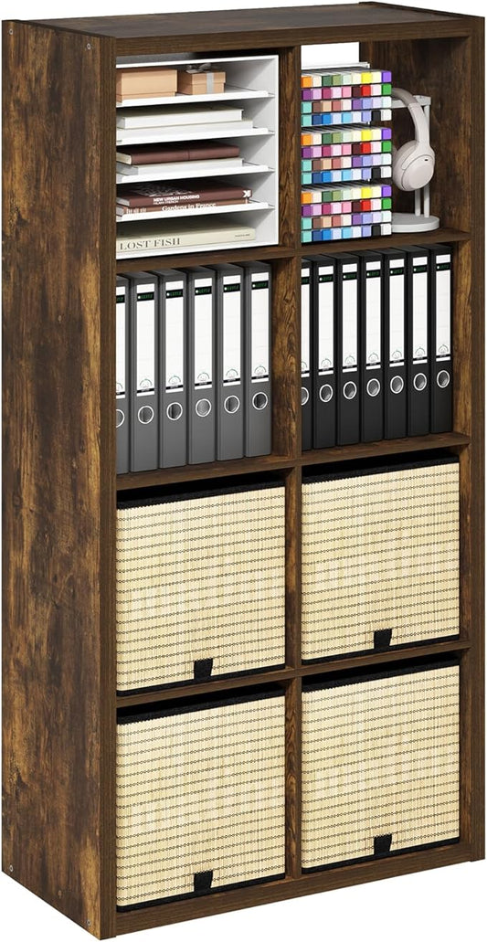 Furinno Cubicle Book Shelf, 8-Cube Thick Frame Bookshelf, Horizontally & Vertically Reversible Bookcase with Open Back, 14.6 x 30 x 57.9, for Living Room, Bedroom, Home Office, Amber Pine