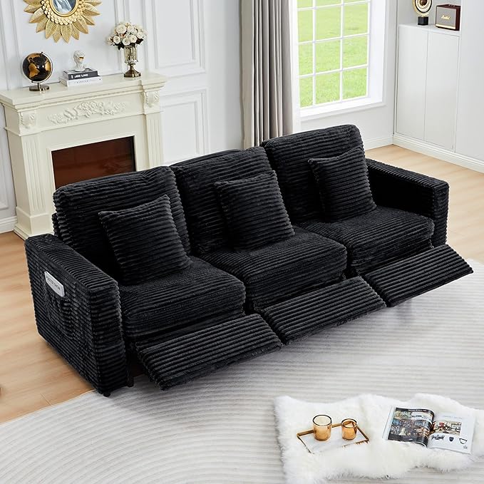 ORRD Power Reclining Sectional Sofa, Electric 3 Seat Recliner with 3 Electric Footrest and Adjustable Headrest, Modern Plush Corduroy Fluffy Reclining Sectional with Deep Seat for Living Room-Black
