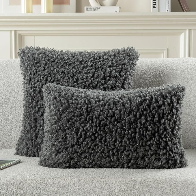 FUTEI Dark Grey Decorative Throw Pillow Covers 24x24 Inch Set of 2,Soft Fluffy Faux Wool Fur Boucle Textured European Cushion Case,Modern Home Decor for Couch Bed Living Room Office