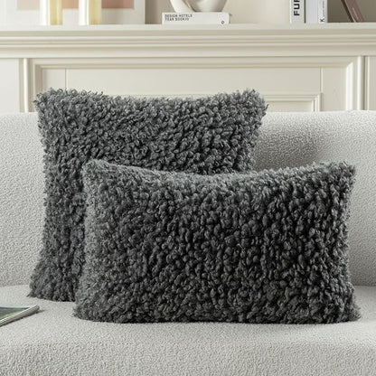 FUTEI Dark Grey Decorative Throw Pillow Covers 20x20 Inch Set of 2,Soft Fluffy Faux Wool Fur Boucle Textured Cushion Case,Modern Home Decor for Couch Bed Living Room Office