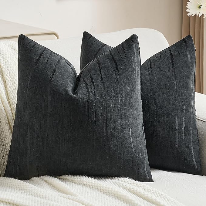 FUTEI Black Chenille Decorative Throw Pillow Covers 22x22 Inch Set of 2,Soft Embossed Striped Textured Cushion Case,Modern Home Decor for Couch Bed Living Room
