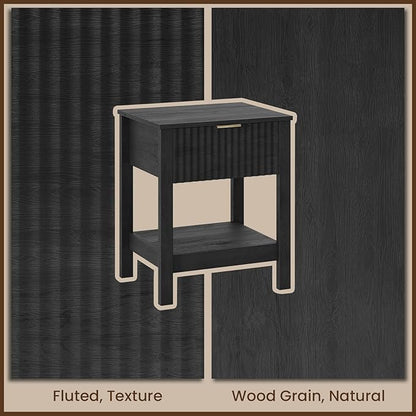 Fluted Night Stand with Golden Handle,Set of 2 Mid-Century Nightstands with Drawer, Bedside Table with Storage Shelf, Side Tables for Room,End Tables for Bedroom,Black Wood Grain