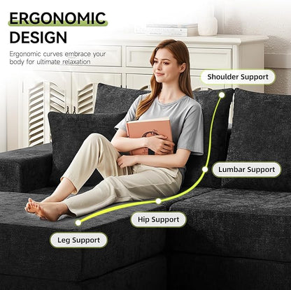 79" Boneless Cloud Loveseat Sofa Couch, Modular Foldable Floor Sofa with Ottoman, Chenille Lounge Convertible Sofa Bed for Living Room, No Assembly, Black