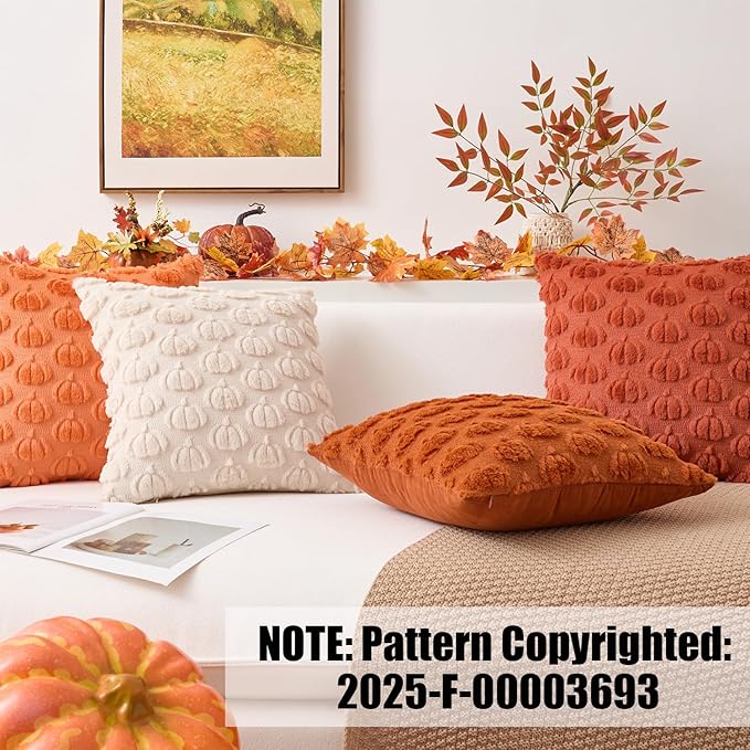 Kevin Textile Fall Pumpkins Pillow Covers 18x18 Inch Set of 2 Cute Autumn Decorative Square Pillowcases Soft Faux Fur Cushions Harvest Gift for Couch Sofa Chair Bedroom Home Decor, Cream White