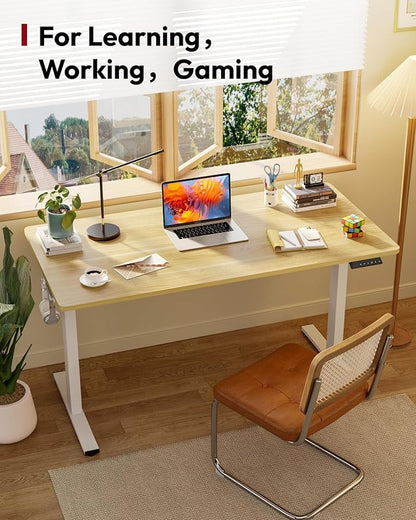 SANODESK Electric Standing Desk 48 x 30 Inches Whole-Piece Desktop Height Adjustable Stand Up Desk w/6-Button Controller Ergonomic Computer Desk for Home Office, White Frame + Natural Tabletop