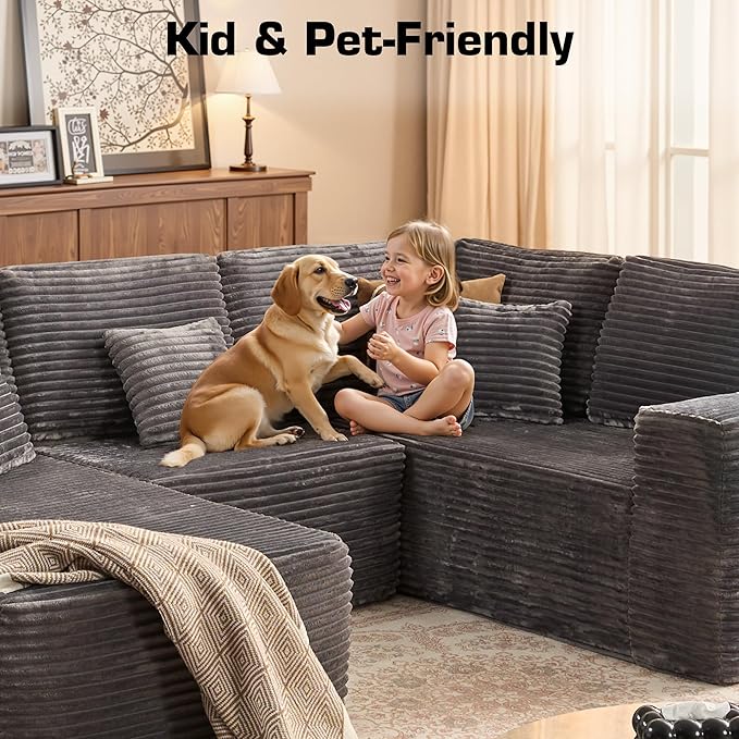 Weaxty Boneless Sectional Couch, U Shaped Modular Cloud Couches with Chaise, Plush Corduroy Memory Foam Deep Seat Floor Sofa, No Assembly Required，Gray
