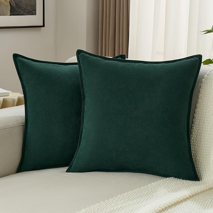 FUTEI Christmas Dark Green Chenille Throw Pillow Covers 20x20 Inch Set of 2,Edges Double-Stitched Cushion Cases,Modern Home Decor for Couch Living Room