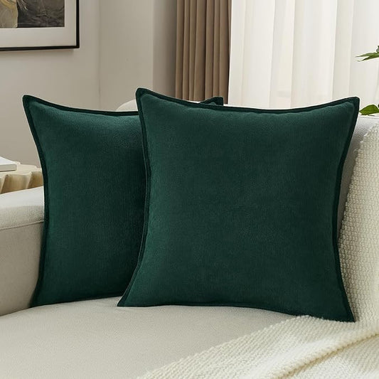 FUTEI Christmas Dark Green Chenille Throw Pillow Covers 16x16 Inch Set of 2,Edges Double-Stitched Cushion Cases,Modern Home Decor for Couch Living Room