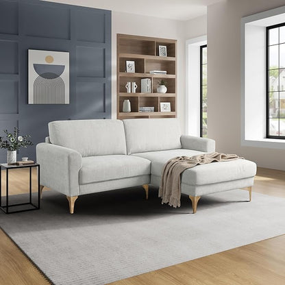 Studio Living® Matthew 83.5" Sofa Chaise, Mid-Century Modern, Pocket Coil Comfort, Reversable Chaise, Metal Brushed Bronze Legs, Chenille Fabric, Ivory