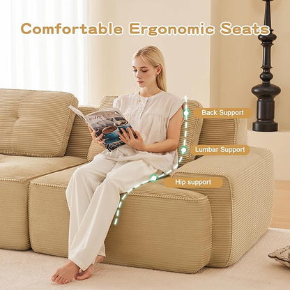 115.3” Camel Boneless Couches for Living Room, Modular Sectional Sofa with U-Shape Chaise, 3 Seater Comfy Upholstered Deep Seat Corduroy Fabric Cloud Couch No Assembly, Anti-Slip Design