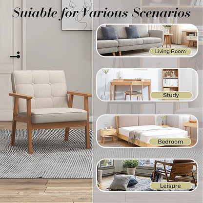 KCC Mid-Century Modern Linen Fabric Accent Chair, Upholstered Tufted Leisure Chair Comfy Reading Side Chair with Armrest and Solid Wood Frame for Living Room Bedroom Balcony(Beige)
