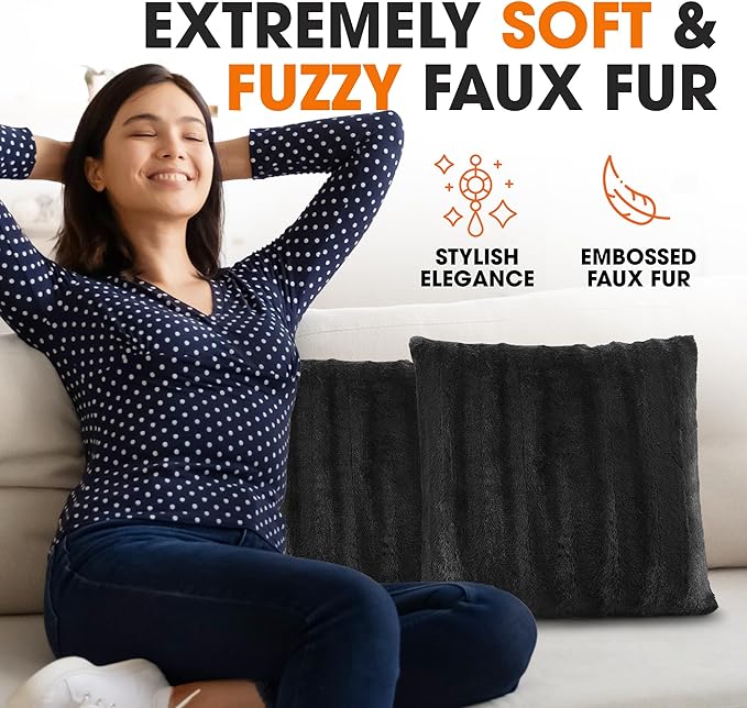 Cheer Collection Faux Fur Throw Pillows - Decorative Pillows for Couch, Bed Throw Pillows, Black Accent Pillows for Bedroom or Living Room Aesthetic, Set of 2 Furry Throw Pillows, 16" x 16"