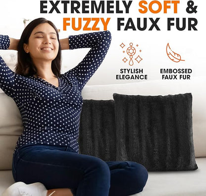 Cheer Collection Faux Fur Throw Pillows - Decorative Pillows for Couch, Bed Throw Pillows, Black Accent Pillows for Bedroom or Living Room Aesthetic, Set of 2 Furry Throw Pillows, 16" x 16"