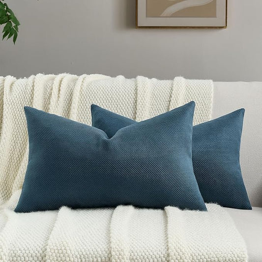 FUTEI Navy Blue Chenille Throw Pillow Covers 12x20 Inch Set of 2,Soft Wide Chevron Textured Lumbar Pillow Cases,Farmhouse Home Decor for Couch Bed Living Room