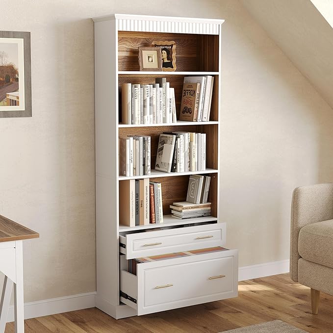 LITTLE TREE 72-Inch Tall White Bookcase, 5-Tier Wooden Open Display Bookshelf with 2 Drawers fits Letter, Legal, A4 Size, Modern Floor Standing Storage Organizer for Home Office & Living Room,Bedroom