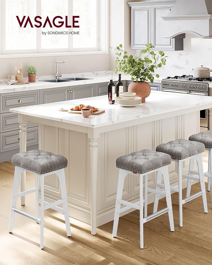 VASAGLE Bar Stools Set of 4, Saddle Counter Height Bar Stools, 26-Inch Backless Kitchen Stools with Wood Legs, PU Leather Thickened Upholstered Barstools for Kitchen Island Dining Room, Dove Gray