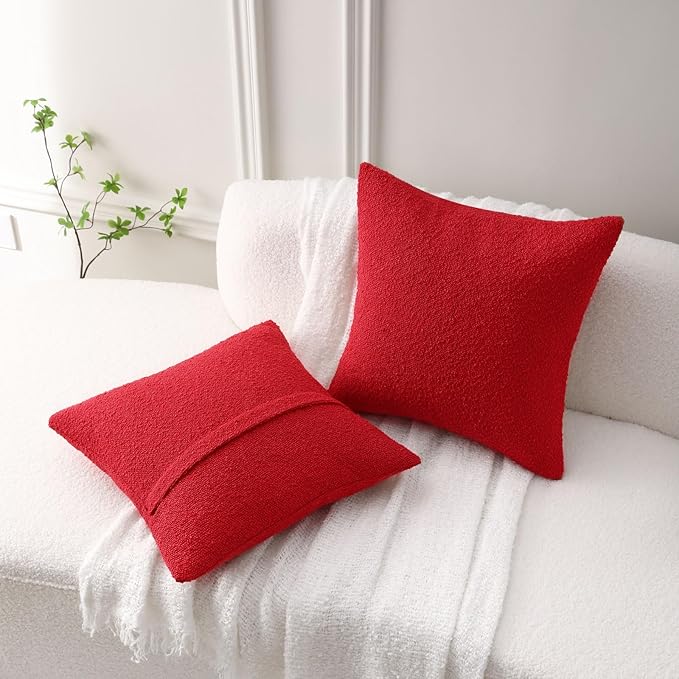 FUTEI Christmas Pack of 2 Red Decorative Throw Pillow Covers 22x22 Inch Soft Cozy Solid Boucle Textured Cushion Case,Modern Home Decor for Couch Bed Living Room