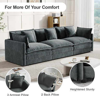 Modular Sectional Sofa, 111.5 Inch I-Shaped Cloud Sofa with Deep Seat Chenille Sofa with Cushions, Three-Self Sectional Sofa for Living Room Apartment,Gray