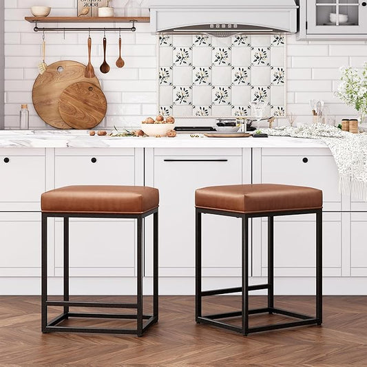 ALPHA HOME 24 Inch Counter Height Bar Stools Set of 2, Upholstered Bar Stools for Kitchen Island, Counter Stools with Faux Leather Cushion and Sturdy Metal Frame, Modern Barstools, Caramel
