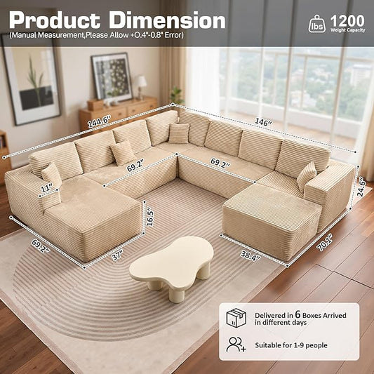 146‘' Oversized Cloud Sectional Couch, U Shaped Boneless Couches with Chaise & Ottoman, Plush Corduroy Deep Seat Modular Sofa for Living Room, No Assembly Required, Beige