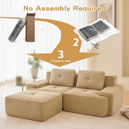 80.3” Camel Boneless Couches for Living Room, Modular Sectional Sofa with L-Shape Chaise, 2 Seater Comfy Upholstered Loveseat Deep Seat Corduroy Fabric Cloud Couch No Assembly, Anti-Slip Design