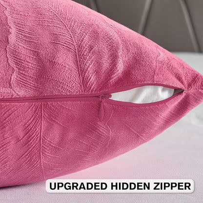 FUTEI Hot Pink Velvet Throw Pillow Covers 20x20 Inch Set of 2,Soft Embossed Leaf-Relief Textured Cushion Cases,Natural Home Decor for Couch Living Room