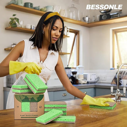 10 Pack Biodegradable Natural Sponges Kitchen - Compostable Cellulose and Coconut Walnut Scrubber Sponge - Eco Friendly Sponges for Dishes