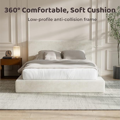 RECCI Cloud Upholstered Queen Bed Frame with Headboard, 5 Inch Foam Padded Platform, No Box Spring, Easy Assembly(Cream)