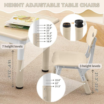 Kids Study Table and Chairs Set, Height Adjustable Toddler Table and Chair Set for Kids Ages 3-8, 31.5" L x 23.6" W Graffiti Desktop Plastic Children Art Table with 2 Seats, Burlywood