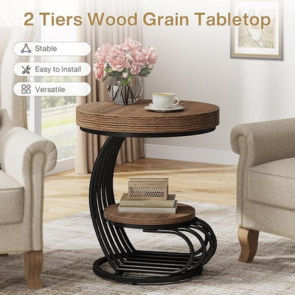 Tribesigns Round End Table, 2-Tier Farmhose Wood Side Table with Shelf Storage, Small Sofa Side Bedside Nightstand, Arc-Shaped Frame Accent Furniture for Living Room, Light Brown