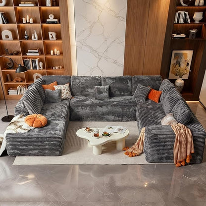 Cloud Sectional Couch with Loveseat, Boneless U-Shaped Cloud Couch with Deep Seat, Soft Plush Modern Minimalist Sofa, Assembly Free Modular Floor Sofa for Office Living Room Apartment, Grey