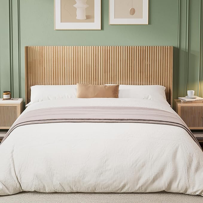 Wood Headboard Queen Size, 64.6" Wide Wooden Queen Headboard Only, Modern Farmhouse Headboards, Wall Mounted Fluted Panel, Wingback Boho Headboards, Natural