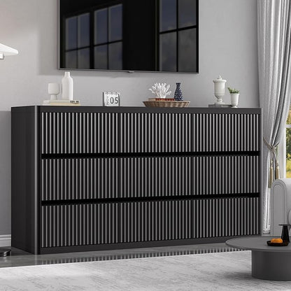 Black 9 Drawers Dressers for Bedroom, 57" Large Chest of Drawers with Handleless, Curved Profile, Modern Flute Dresser TV Stand, Wooden Closet Clothes Storage Organizer for Living Room