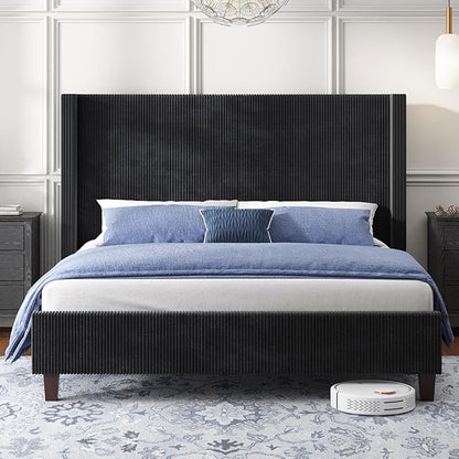 HOWE California King Size Upholstered Bed Frame, Wingback Platform Bed with 50.8" Headboard, Corduroy/Solid Wood Leg/No Box Spring Needed/Noise Free/Black
