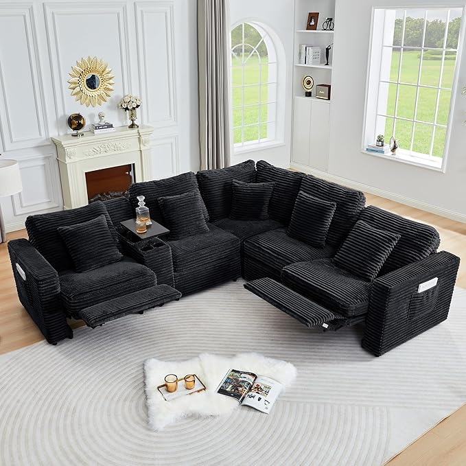 ORRD Power Reclining Sectional Sofa, Electric 3 Seat Recliner with 3 Electric Footrest and Adjustable Headrest, Modern Plush Corduroy Fluffy Reclining Sectional with Deep Seat for Living Room-Black