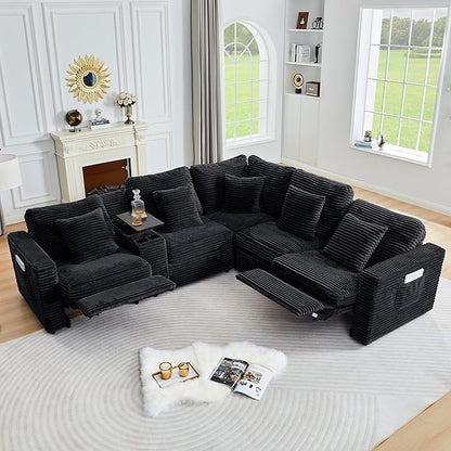ORRD Power Reclining Sectional Sofa, Electric 3 Seat Recliner with 3 Electric Footrest and Adjustable Headrest, Modern Plush Corduroy Fluffy Reclining Sectional with Deep Seat for Living Room-Black