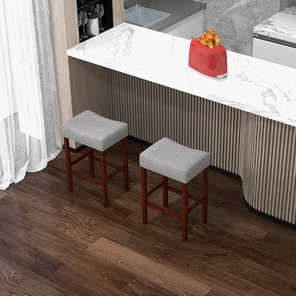 COSTWAY Counter Height Bar Stools Set of 4, 25-inch Backless Saddle Stools with Nailhead Trim, Rubber Wood Frame, Footrest, Max Load 330 Lbs, Upholstered Barstools for Kitchen Island Pub, Grey