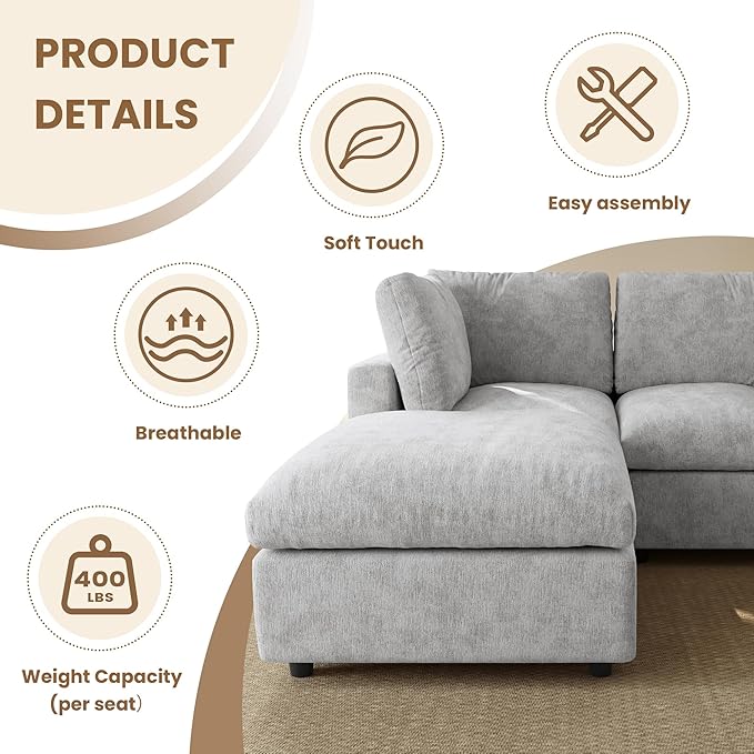 WJShome L Shaped Sectional Couch 134 Inch 4-Seater Modern Modular Sofa with Ottoman,Chenille Deep Seat Couches for Living Room, Bedroom and Apartment，Gray