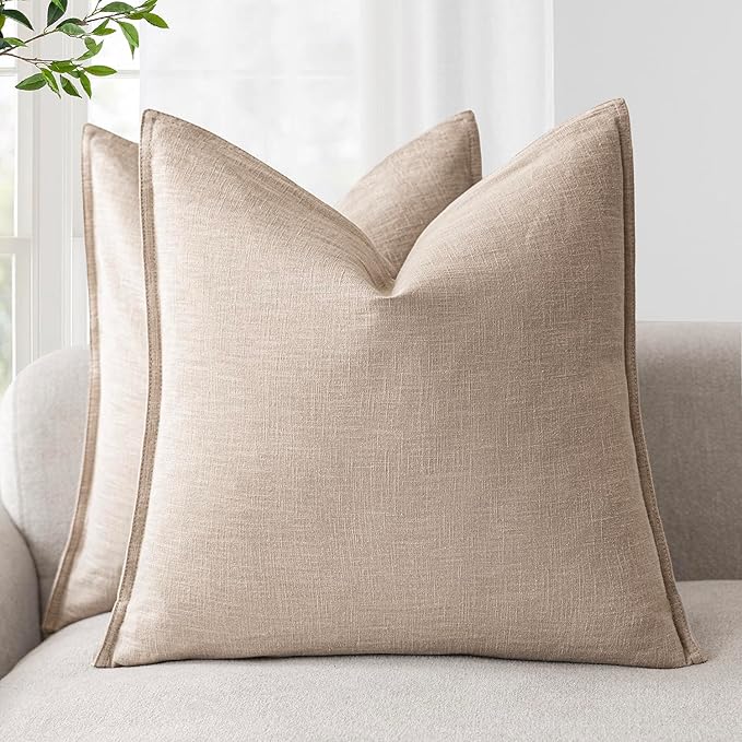 Foindtower Pack of 2, Decorative Linen Soild Throw Pillow Covers Soft Accent Cushion Case Farmhouse Neutral Pillowcase for Chair Couch Sofa Bedroom Living Room Home Decor 18 x 18 Inch Tan Beige